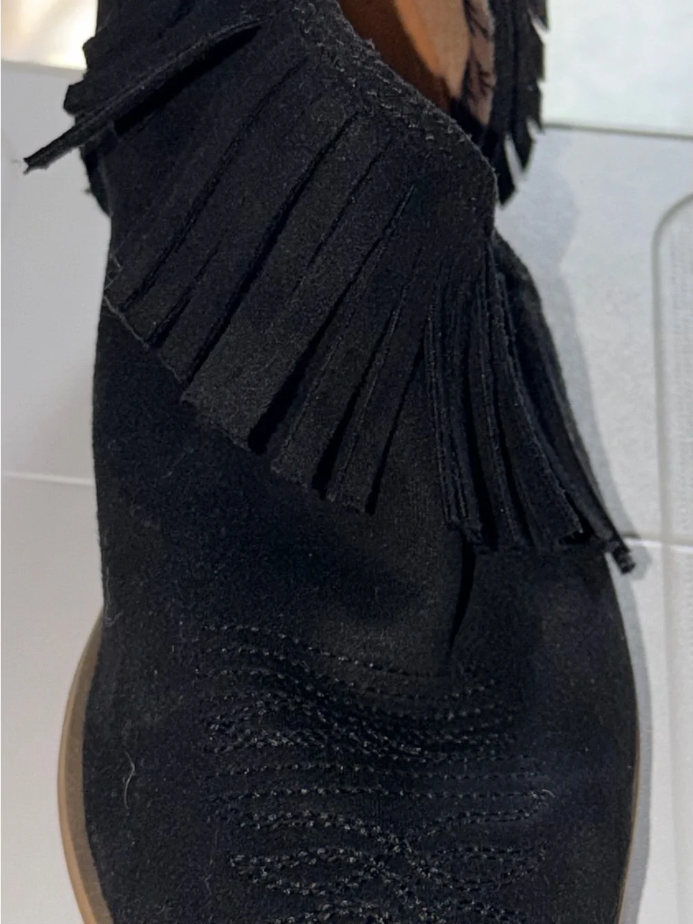 Black Suede Fringe Pointed Ankle Booties
